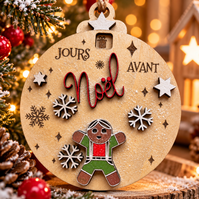 Compte à rebours Noël en bois – Bonhomme pain d’épices Compte à rebours de Noël en bois avec bonhomme de pain d’épices, flocons blancs et étoiles, dans une ambiance festive