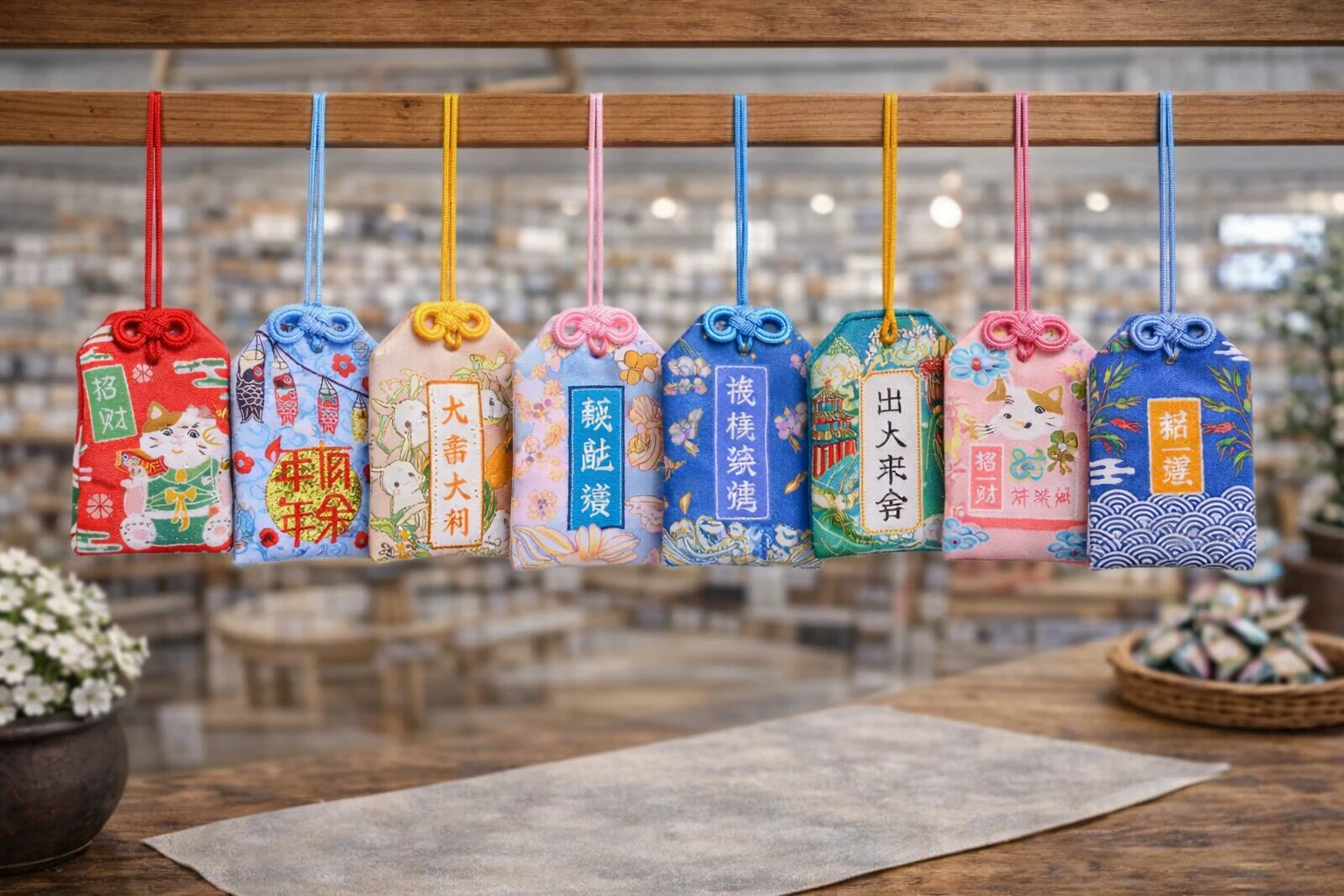 Omamori, amulette japonaise faite main, symbole de protection et de chance, en tissu