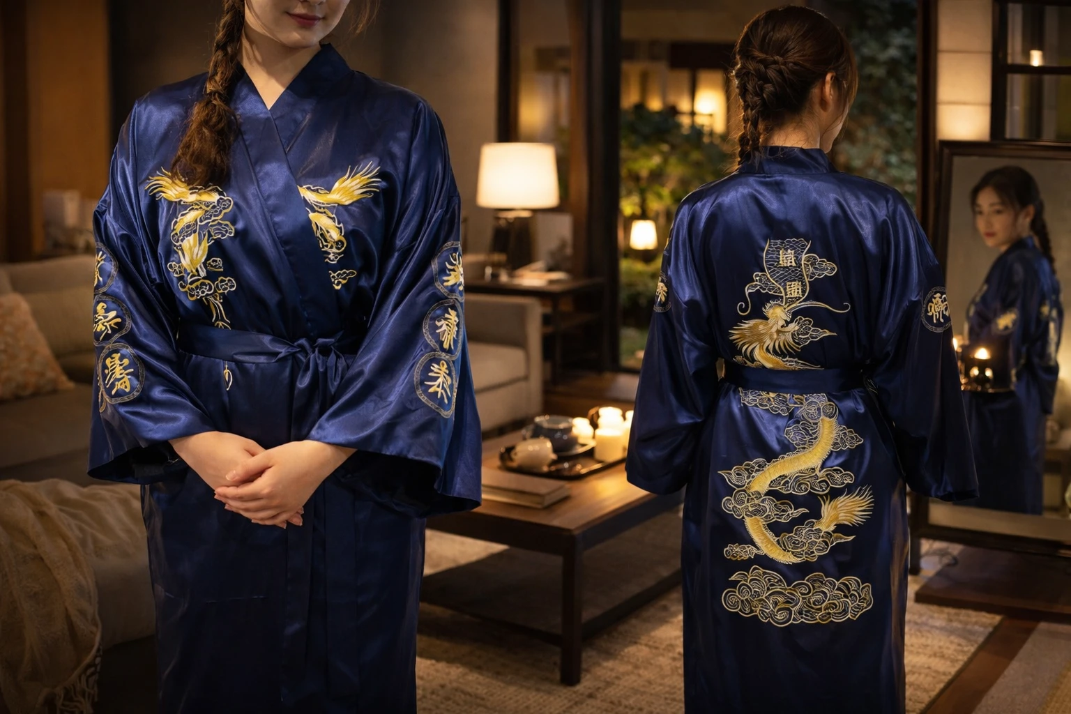 Peignoir japonais en soie et polyester, style kimono, bleu, noir, blanc