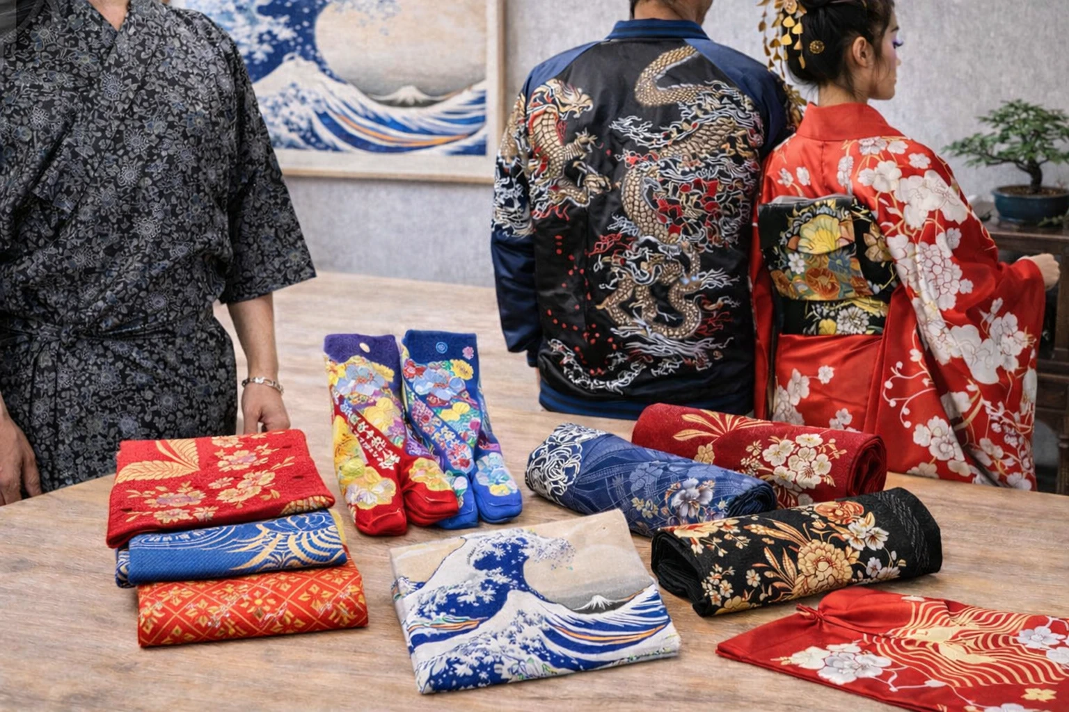 Yukata, kimonos, vestes, vestes zippées, tabliers, tabi, chaussures.