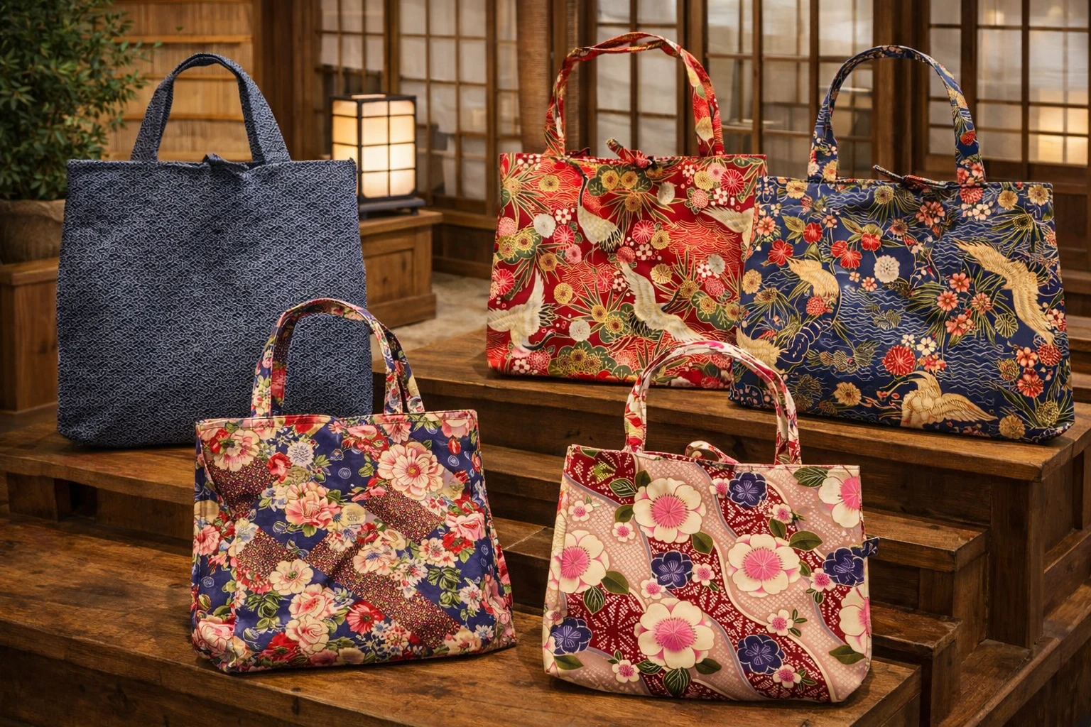 Sac japonais artisanal à shopping Cabas, fleurs, vagues, en coton