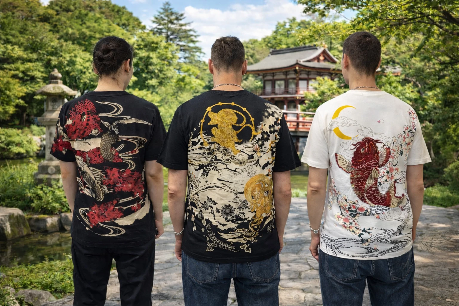 T-shirts Sukajan en coton avec dragons, carpe koï, fleurs, broderie