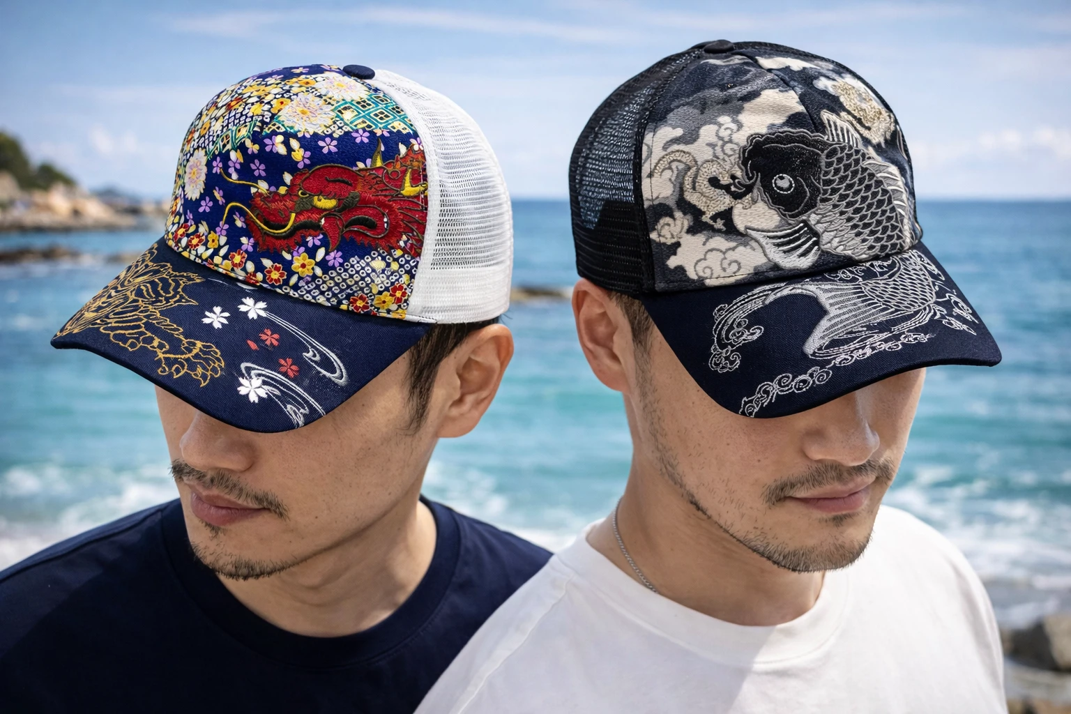 Casquette japonaise Sukajan brodée motif Koï ou dragon