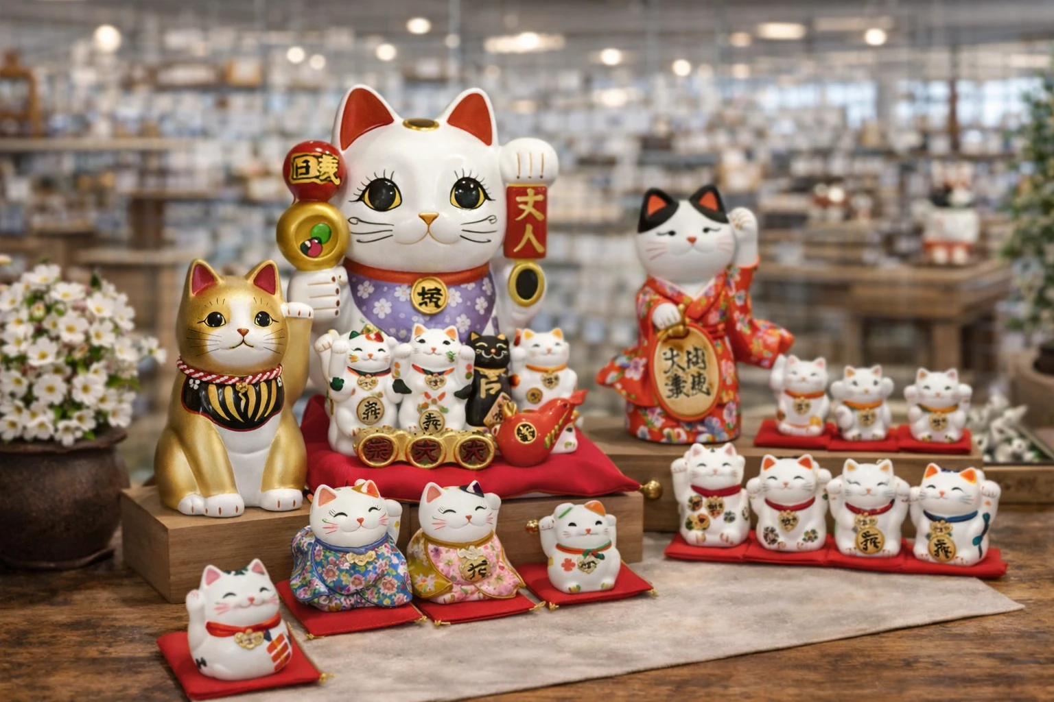 Figurines japonaises porte-bonheur en porcelaine et céramique