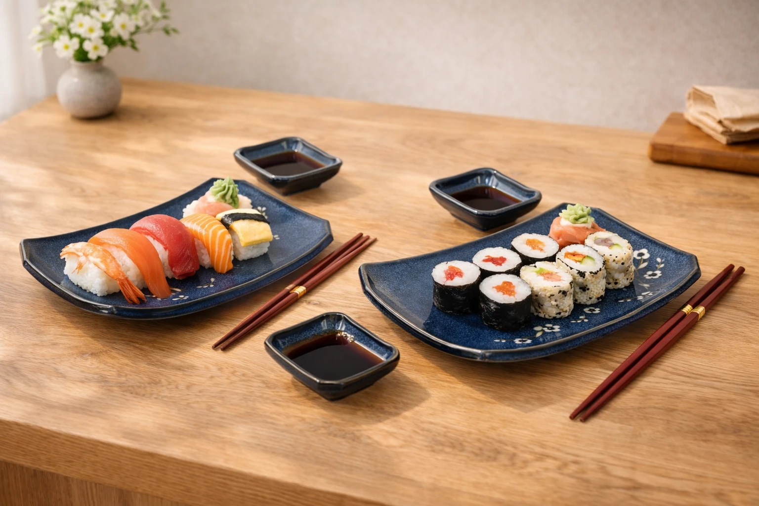 Coffrets à Sushis japonais, assiettes, baguettes, coupelles à sauce