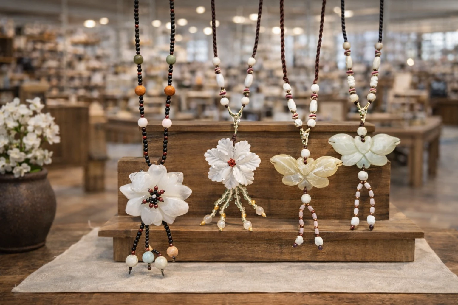 Colliers en jade, vert et blanc en forme de fleurs