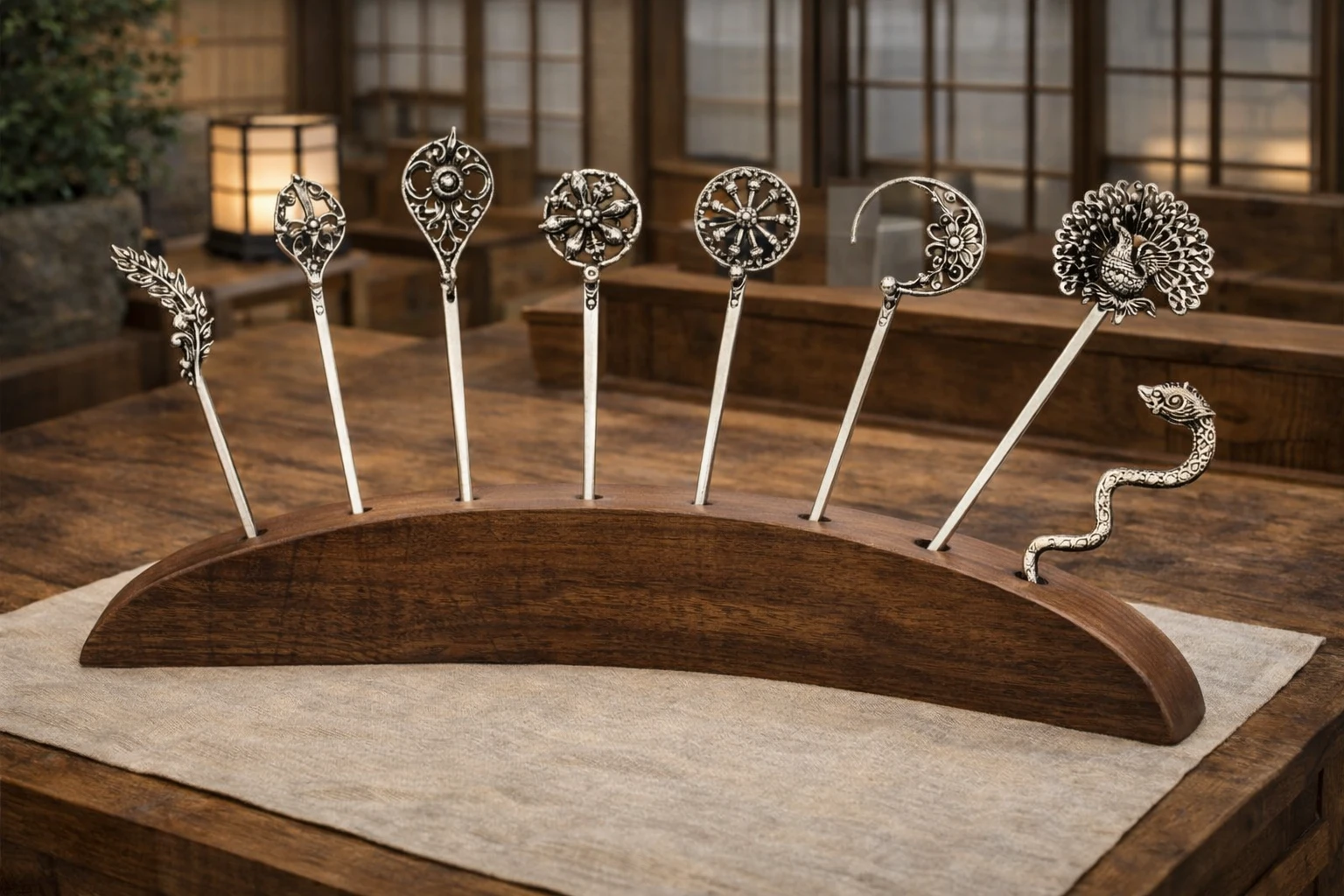 Pic à cheveux japonais en argent, bois, strass  