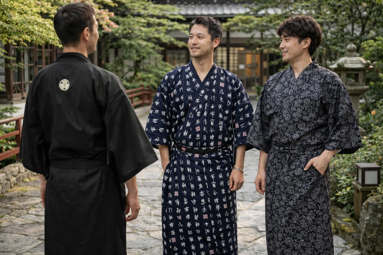 Yukata japonais en coton pour homme - noir, gris, bleu