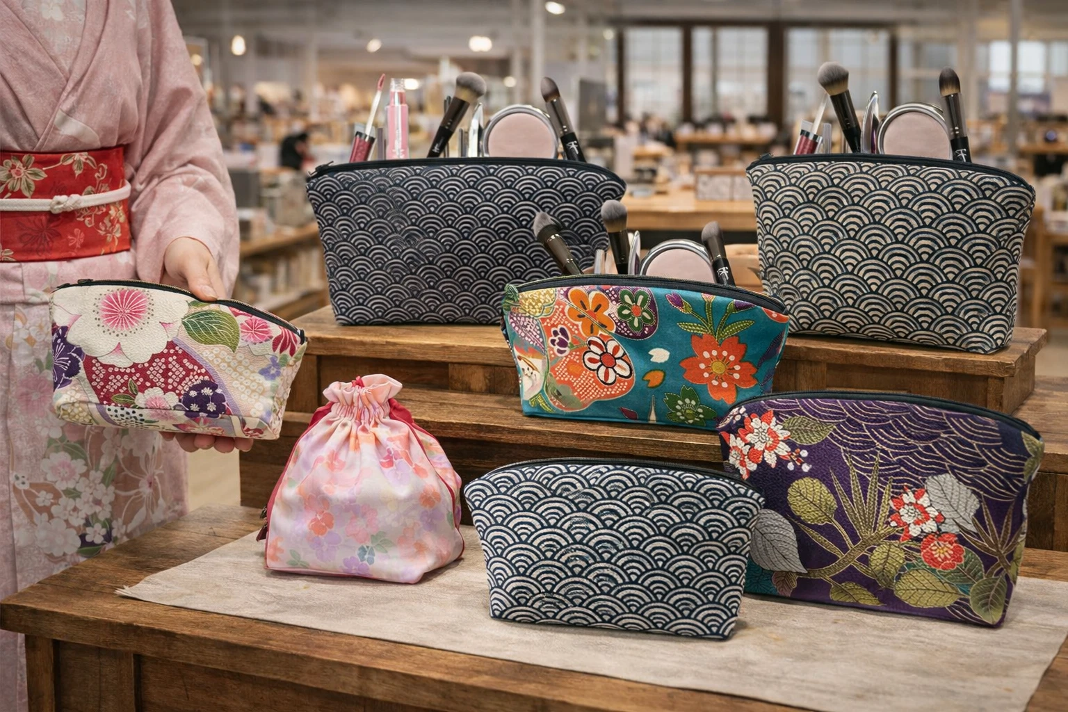 Trousse à maquillage style japonais, en coton, avec fermeture éclair