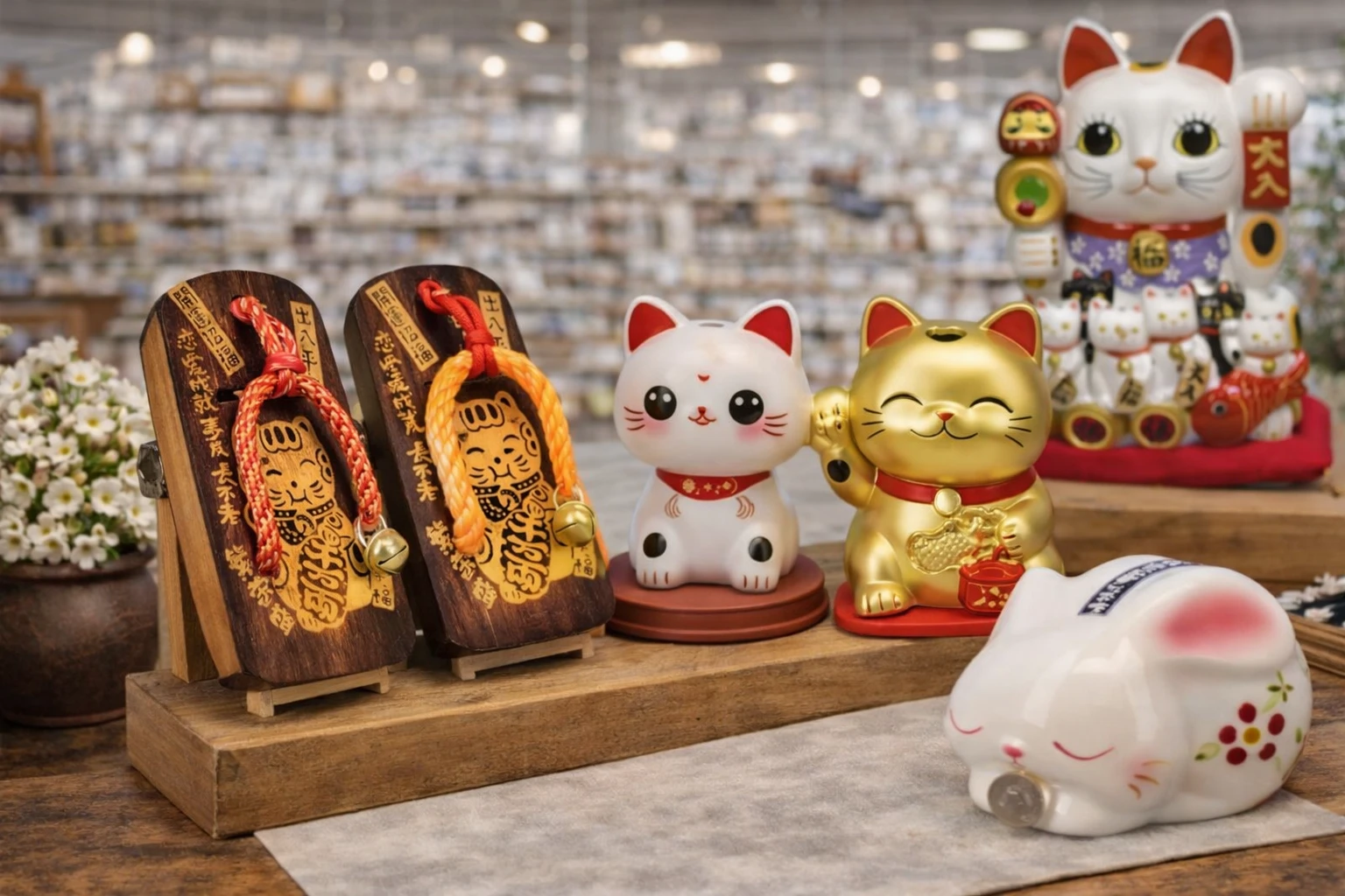 Tirelire japonaise porte-bonheur Chat Maneki Neko, Lapin Usagi, Geta