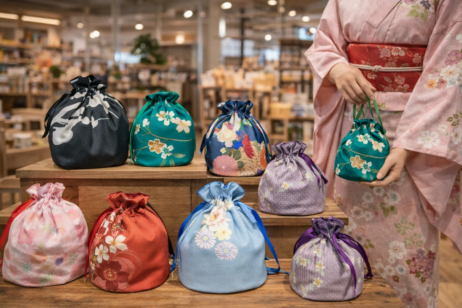 Sac en tissu de kimono, motif floraux, Forme de tote bag