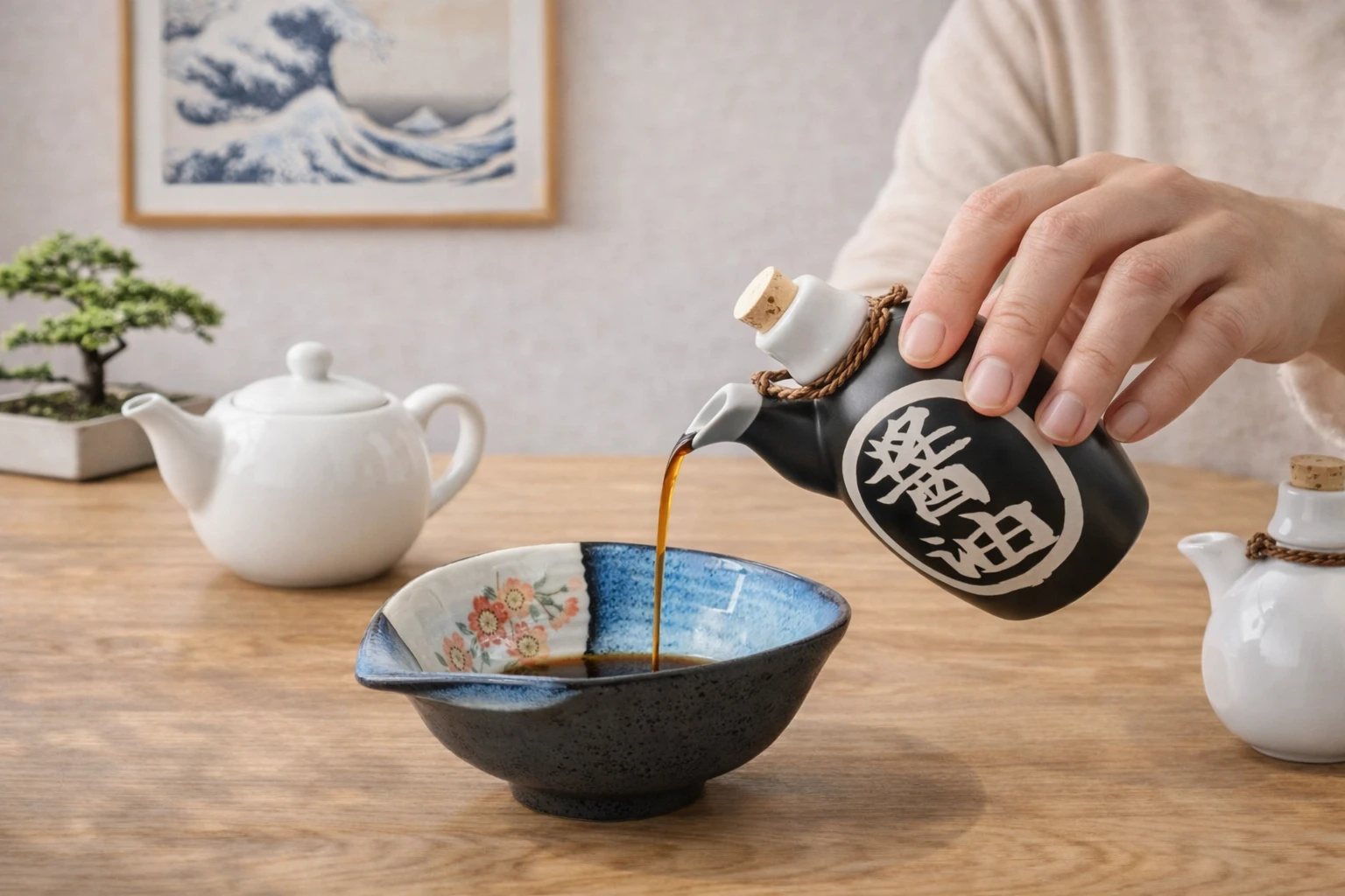 Distributeur de sauce japonaise en porcelaine et céramique, bleu, noir, blanc - Soja huile de sésame