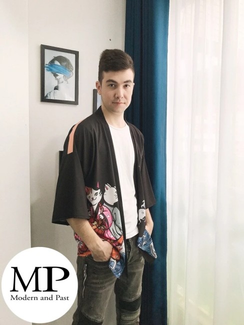 Kimono moderne japonais unisexe motif Neko Kodomo No Hi Koinobori festival 