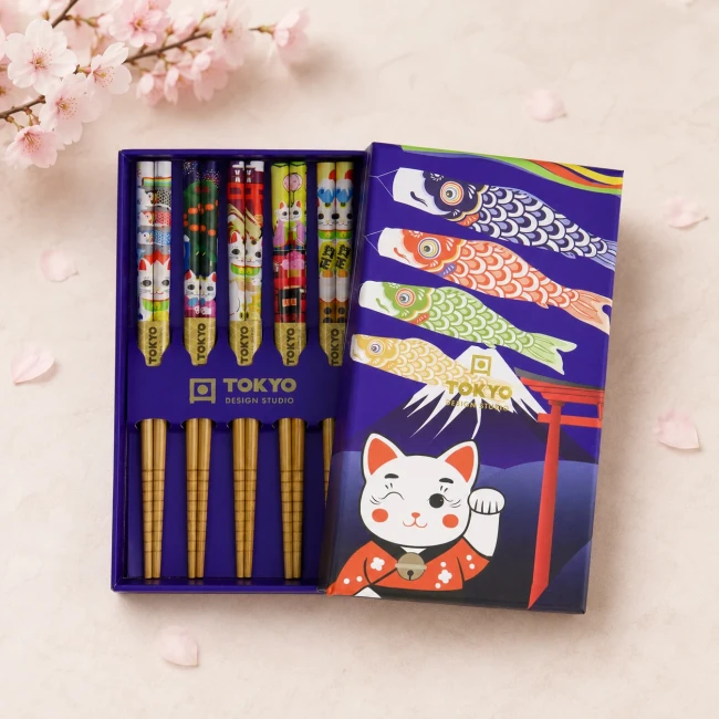 Coffret 5 paires de baguettes japonaises Neko Koinobori Tokyo Design Studio Modern and Past
