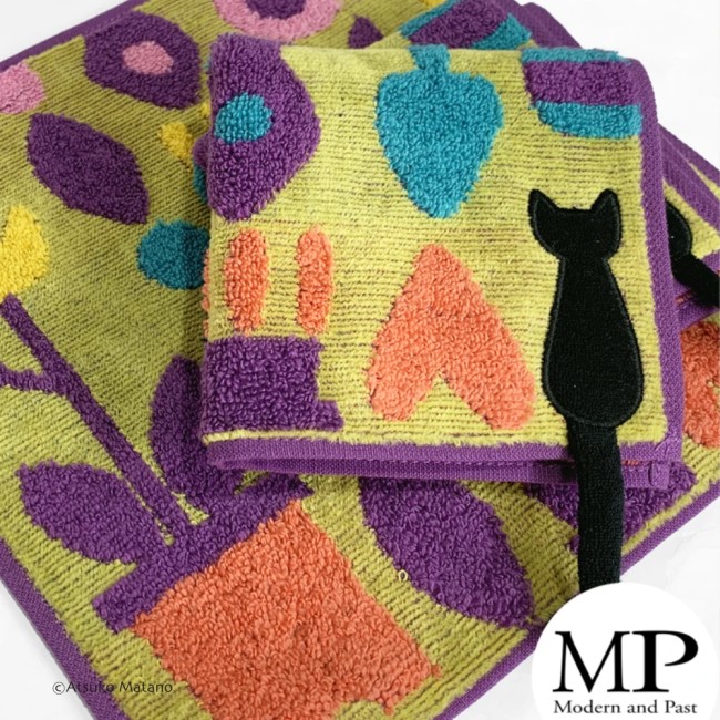 Mini serviette japonaise violette en coton éponge motif chat Gardening Atsuko Matano fabriquée au Japon