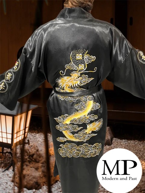 peignoir japonais long, unisexe homme femme, 30% en soie, double couche, noir, dragon brodé, boutique japonaise | Modern and Past peignoir japonais long, unisexe homme femme, 30% en soie, double couche, noir, dragon brodé, boutique japonaise | Modern and Past