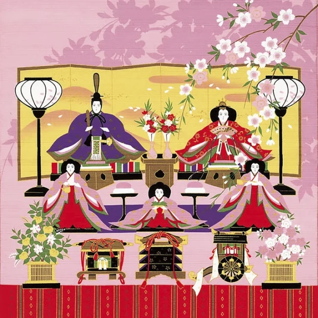Furoshiki Hina Matsuri 50 × 50 cm - Irodori Jiki - Modern and Past Furoshiki japonais Hina Matsuri 50 cm en coton motif poupées Hina et fleurs de cerisier - Modern and Past