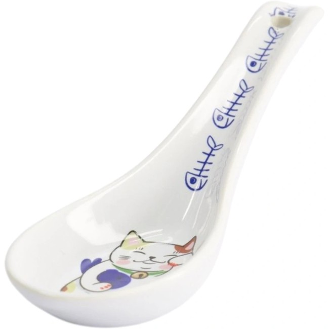 Cuillère Maneki Neko céramique – motif poisson bleu Cuillère japonaise Maneki Neko en céramique avec poisson bleu