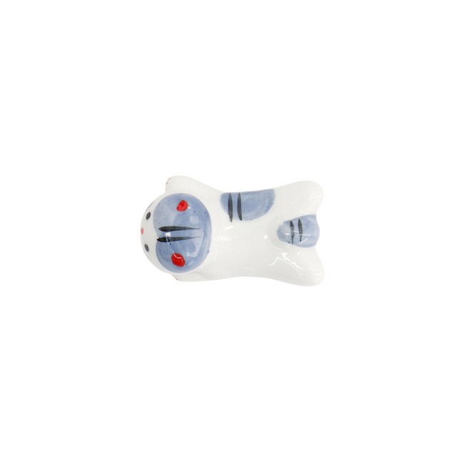 Repose-baguettes chat Neko allongé en porcelaine blanc et bleu fabriqué à la main - vue du dessus