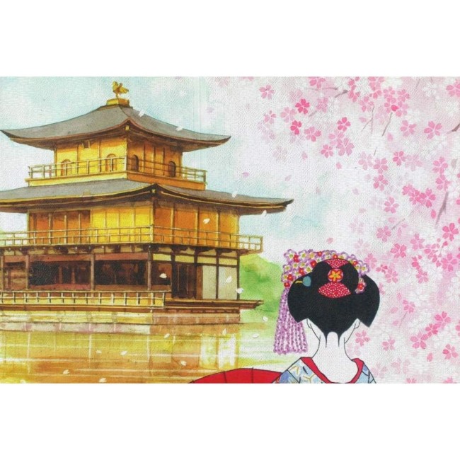 Noren japonais Sakura Kinkakuji avec Geisha et cerisiers en fleurs fabriqué au Japon