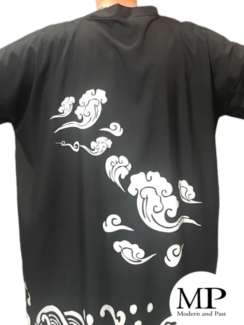 Kimono long moderne japonais Nuages et vagues – Haori unisexe Kimono long japonais unisexe motifs nuages et vagues streetwear