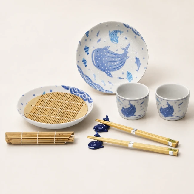Set japonais soba Jinbei requin-baleine avec assiettes tasses baguettes et tapis de bambou Modern and Past