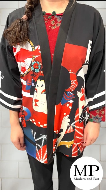 Kimono moderne japonais Neko Geisha noir