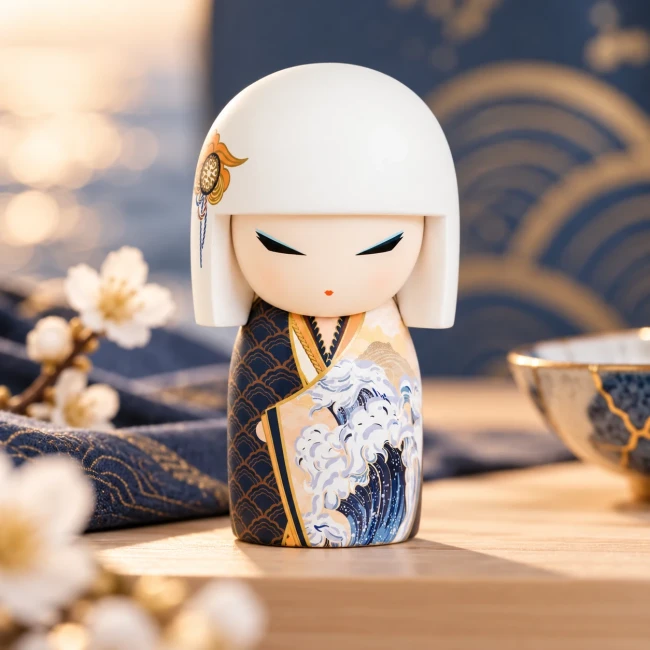 Figurine Kimmidoll Minami 10 cm, Kokeshi japonaise blanche et bleue aux motifs de vagues – Modern and Past