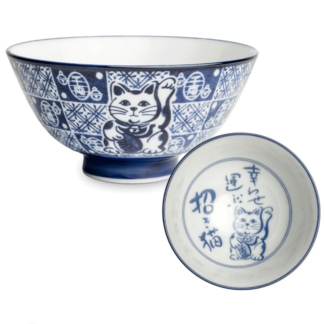 Bol japonais en porcelaine de Mino – motif Neko bleu – 300 ml