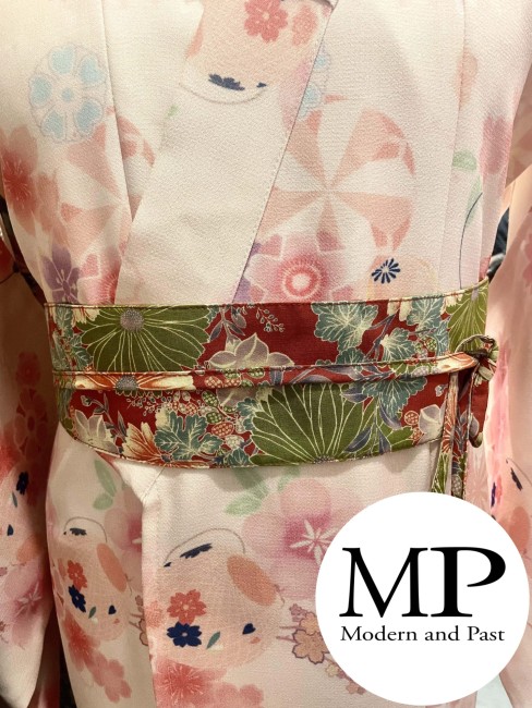 obi japonais coton rouge motifs fleurs et feuilles