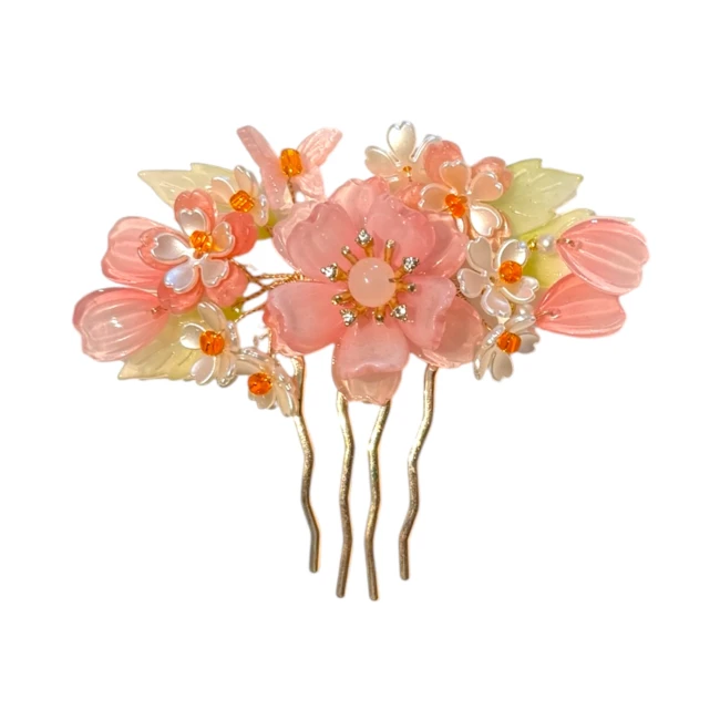Barrette à cheveux japonaise fleurs roses et blanches avec strass chez Modern and Past