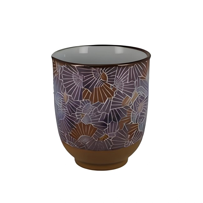 Tasse japonaise en porcelaine mauve avec motifs d’éventails et base marron fabriquée à la main au Japon