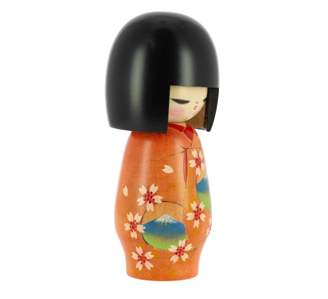 Kokeshi japonaise Kimono Printemps faite main au Japon - Modern and Past Poupée japonaise Kokeshi Kimono Printemps orange - Modern and Past
