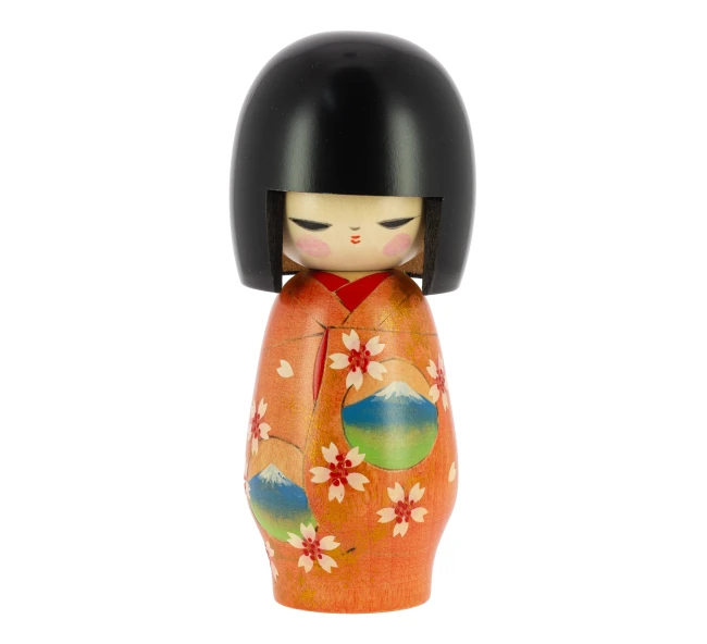 Kokeshi japonaise Kimono Printemps faite main au Japon - Modern and Past Poupée japonaise Kokeshi Kimono Printemps orange - Modern and Past
