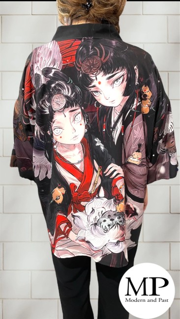 kimono moderne japonais noir motifs personnages – haori unisexe