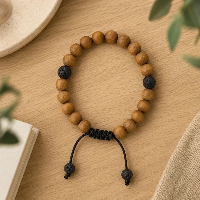 Bracelet-mala bois de santal et pierre de lave - Modern and Past