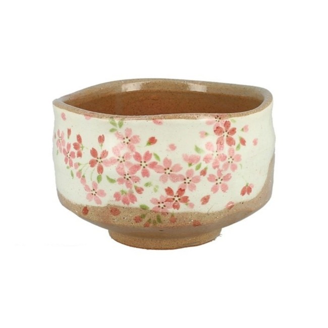 Bol à thé matcha japonais beige et blanc motifs fleurs roses fabriqué au Japon