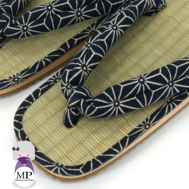 Sandales Zori japonaises coton indigo motif Asanoha Zori japonaises en paille avec lanières en coton indigo Asanoha
