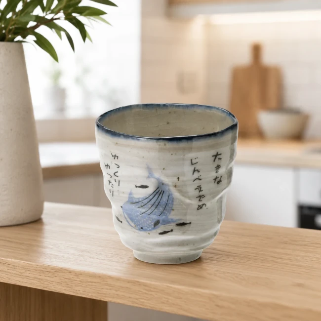 Tasse japonaise Ofuke Jinbei requin-baleine faite main au Japon Tasse japonaise à thé Ofuke Jinbei requin-baleine en porcelaine de Mino Modern and Past