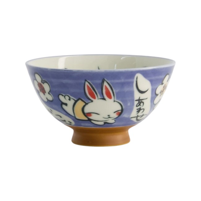 Bol japonais en céramique bleu avec lapin, fleurs et kanji