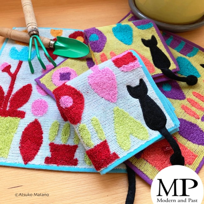 Mini serviette japonaise bleue en coton éponge motif chat Gardening Atsuko Matano fabriquée au Japon