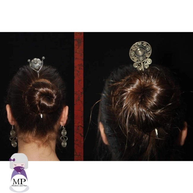 Pic à cheveux japonais en argent motif losange floral