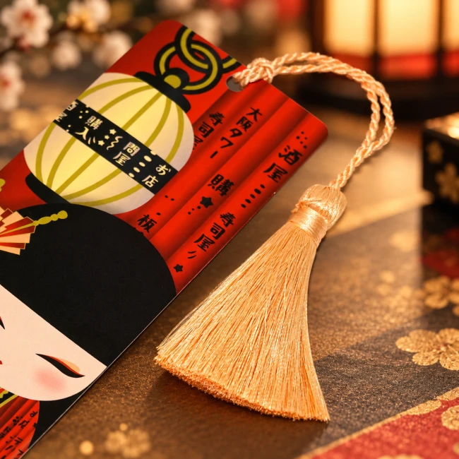 Marque-page Kimmidoll Yukina rouge et noir, Kokeshi japonaise avec lanterne et pompon doré – Modern and Past