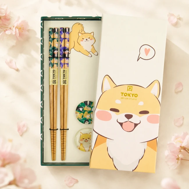 Coffret baguettes japonaises Shiba Tokyo Design Studio Coffret 2 paires de baguettes Shiba en bambou avec repose-baguettes en verre
