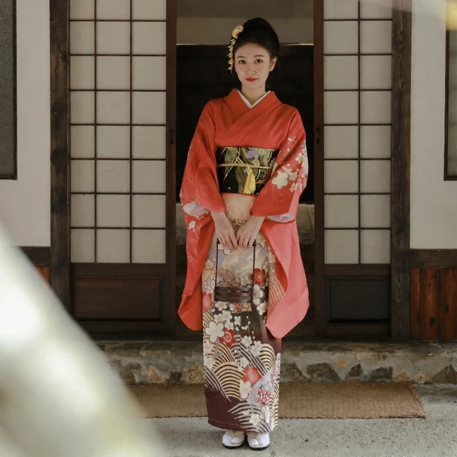 Kimono japonais femme orange vagues Nami et fleurs Kimono traditionnel japonais femme orange motifs vagues et fleurs