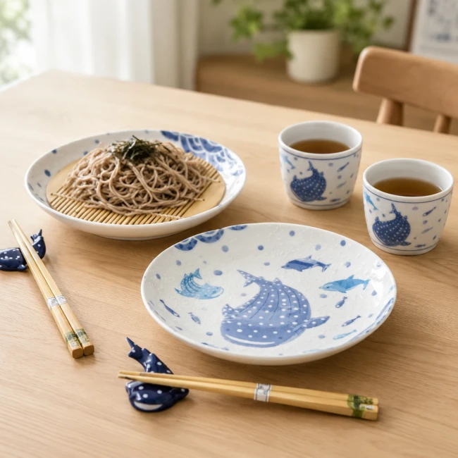 Set japonais soba Jinbei requin-baleine avec assiettes tasses baguettes et tapis de bambou Modern and Past