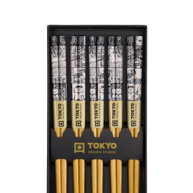 Coffret 5 paires de baguettes japonaises Tokyo Fan motifs japonais