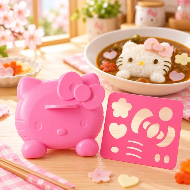Moule à riz Hello Kitty pour curry japonais - Modern and Past Moule à riz Hello Kitty rose avec plaque décorative pour curry japonais - Modern and Past