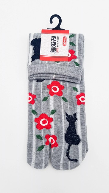 Chaussettes Tabi japonaises Chat noir Sakura Chaussettes japonaises Tabi motif chat noir et fleurs de Sakura - gris