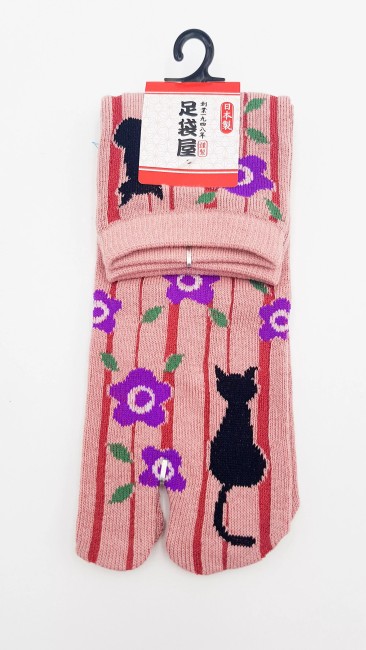Chaussettes Tabi japonaises Chat noir Sakura Chaussettes japonaises Tabi motif chat noir et fleurs de Sakura - rose